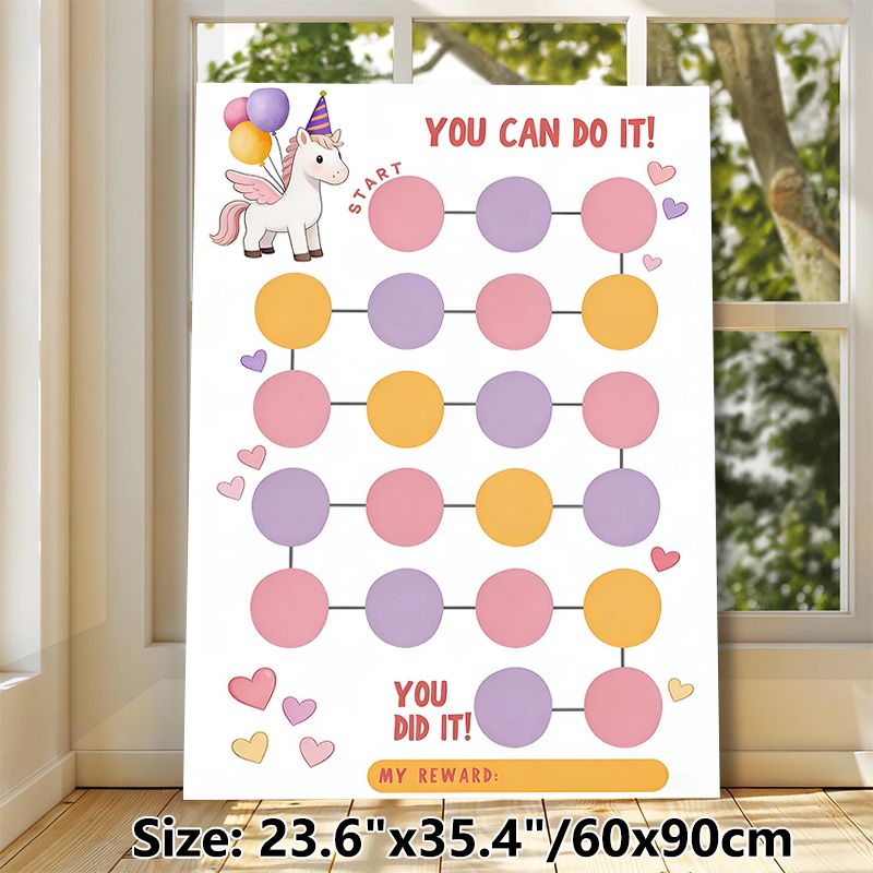 Unicorn Themed Reward Chart Painting Poster, Pastel-colored Cute Cartoon Unicorn With Balloons Poster, Motivational Progress-tracking Design To_maomaolike.com