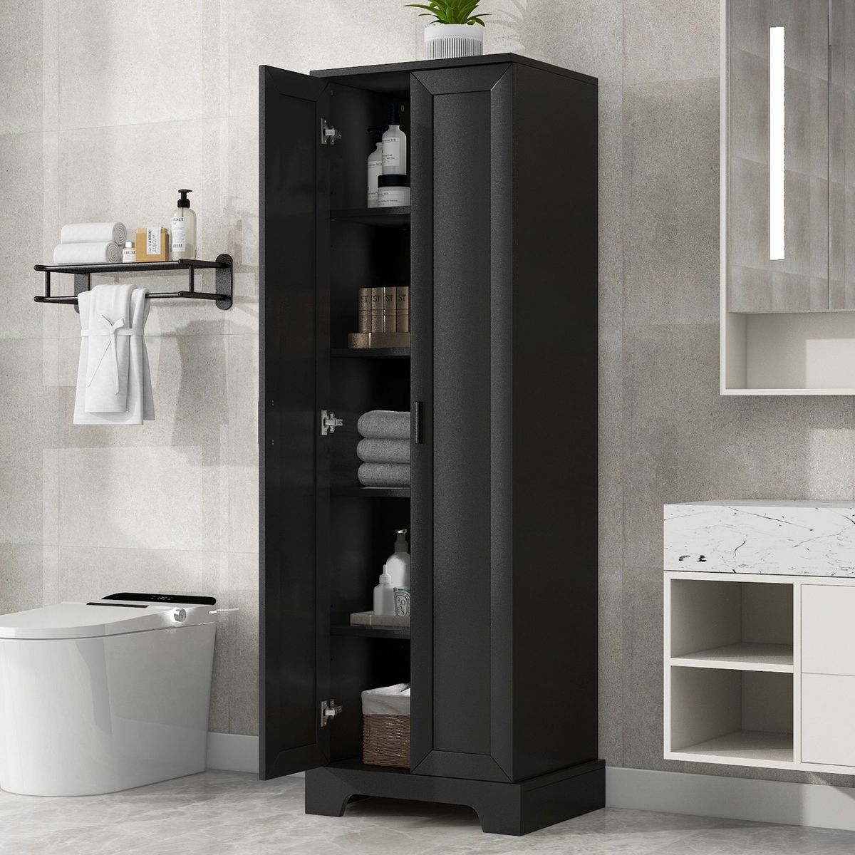 Storage Cabinet With Two Doors For Bathroom, Office, Adjustable Shelf, MDF Board_maomaolike.com