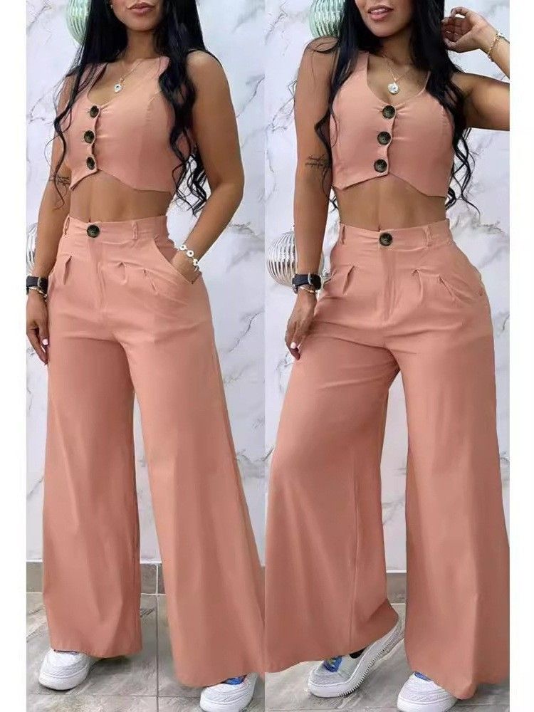 Women's clothing solid color short vest vest drape high waist wide leg pants suit_maomaolike.com