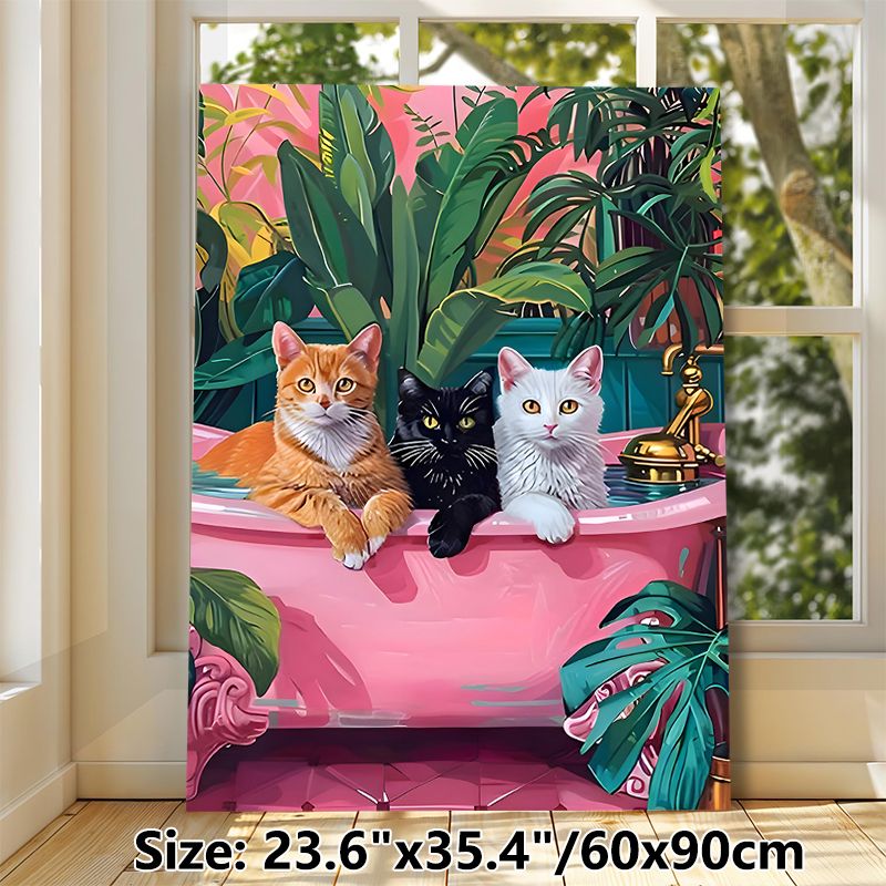 Bath Cats Painting Poster, Vibrant Whimsical Tropical Style Poster, Playful Design With Three Cute Cats In Pink Bathtub Surrounded By Lush Green_maomaolike.com