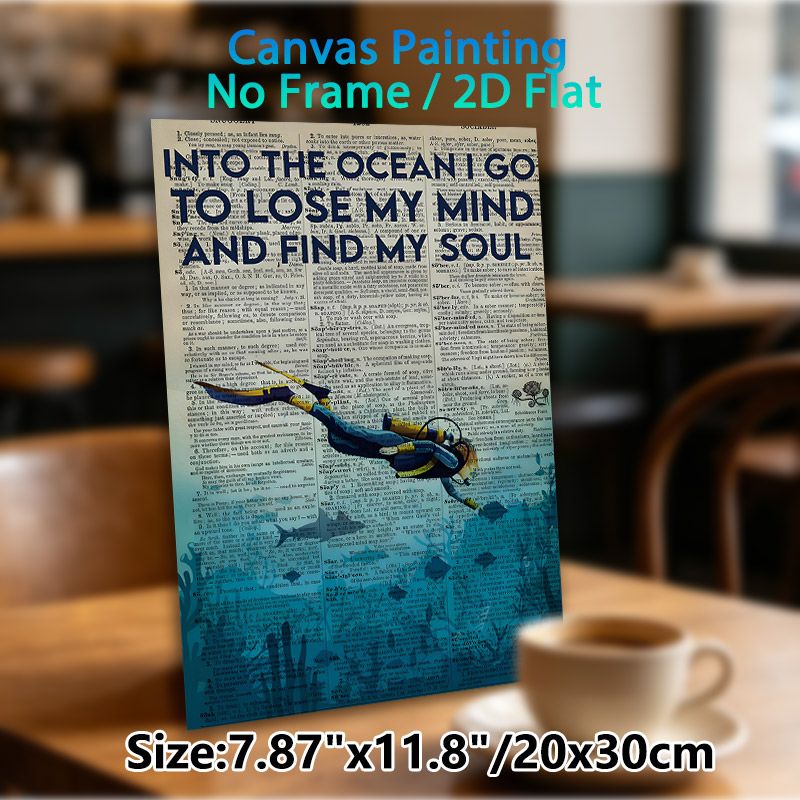 Ocean & Diver Themed Painting Poster, Vintage Typographic Retro Newspaper Style With Diver Graphic Poster, Inspirational Ocean Quote Wall Art, Ideal_maomaolike.com