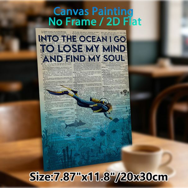 Ocean & Diver Themed Painting Poster, Vintage Typographic Retro Newspaper Style With Diver Graphic Poster, Inspirational Ocean Quote Wall Art, Ideal_maomaolike.com