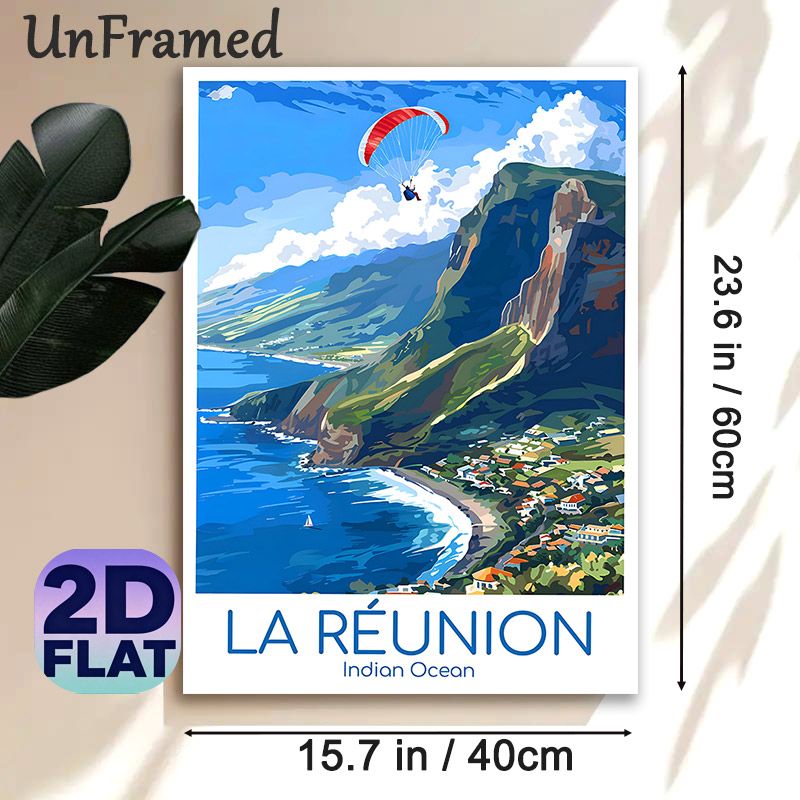 La Réunion Coastal Paragliding Painting Poster, Vibrant Retro Travel Style Poster, Scenic Ocean Cliff View With Paragliding, Ideal Wall Decor For_maomaolike.com