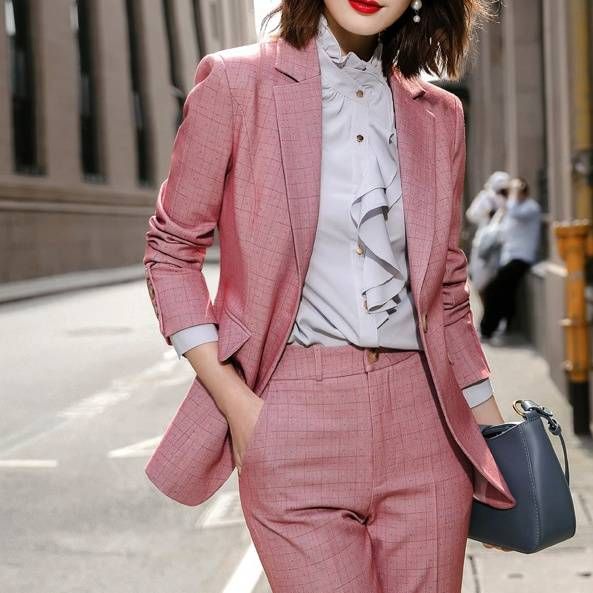 Women's Clothing High-end younger pink plaid small suit jacket long-sleeved suit_maomaolike.com