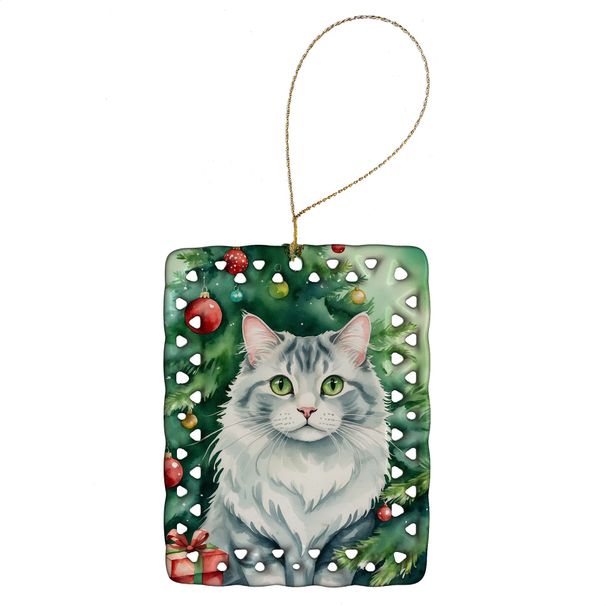 American Curl Cat By The Christmas Tree Porcelain Ornament Christmas Tree Hanging Decorations For Home Christmas Holiday, Rectangle, Gift, Multicolor_maomaolike.com