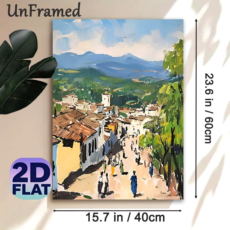 Hillside Mountain Village Painting Poster, Impressionist Style Bustling Town With Rolling Hills Poster, Warm Nostalgic Ambiance Suitable For Living_maomaolike.com
