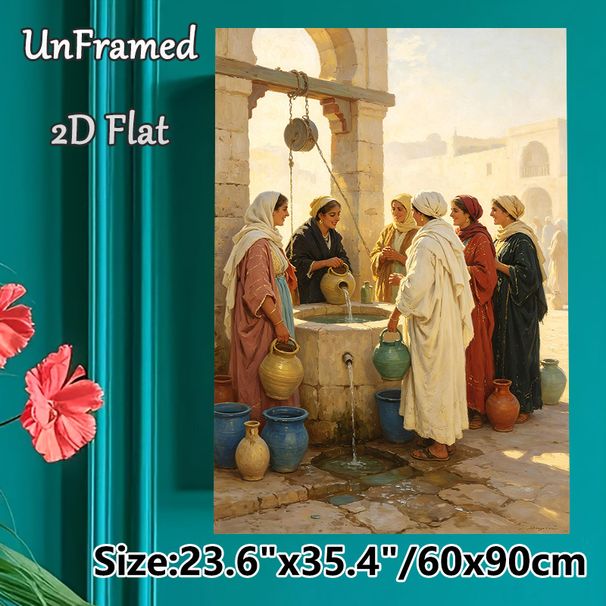 Middle Eastern Women At The Well Painting Poster, Warm-toned Realistic Oil Style Poster, Captivating Traditional Daily Life Decor Idea For Living_maomaolike.com
