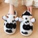 Women's Winter Warm Cartoon Cow Closed Toe Non Slip Furry House Shoes Women Indoor Bedroom Thick Sole Plush Slippers_maomaolike.com