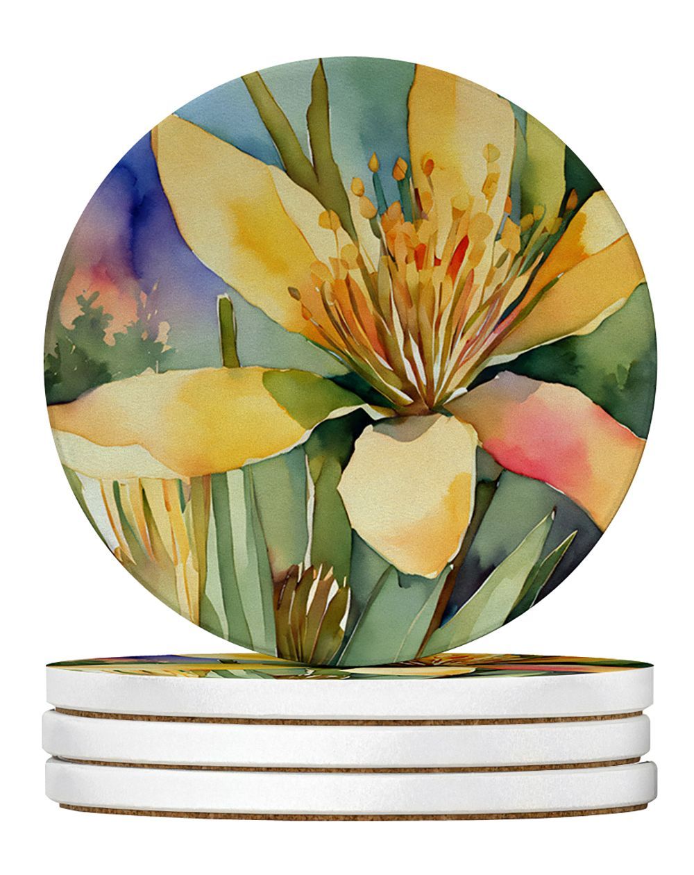 New Mexico Yucca Flower In Watercolor Large Sandstone Coasters Pack Of 4 Absorbent Round Coasters Decor Gifts For Men Or Women, 4 In, Multicolor_maomaolike.com