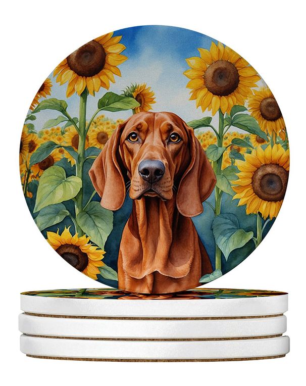 Redbone Coonhound In Sunflowers Large Sandstone Coasters Pack Of 4 Absorbent Round Coasters Decor Gifts For Men Or Women, 4 In, Multicolor_maomaolike.com