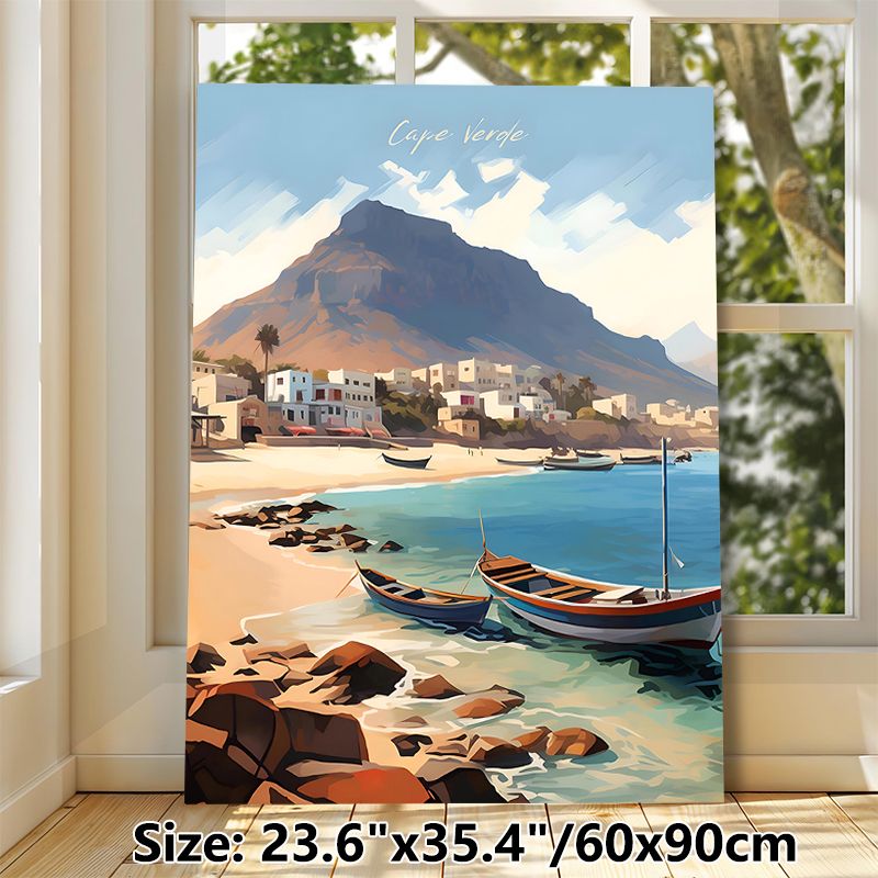 Cape Verde Coastal Village Painting Poster, Warm-toned Illustrative Seaside Scene Poster, Peaceful Coastal View With Fishing Boats And Mountain, Ideal_maomaolike.com
