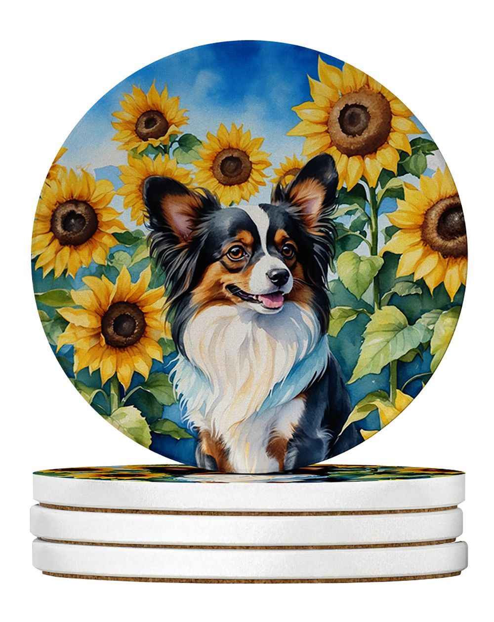 Papillon In Sunflowers Large Sandstone Coasters Pack Of 4 Absorbent Round Coasters Decor Gifts For Men Or Women, 4 In, Multicolor_maomaolike.com