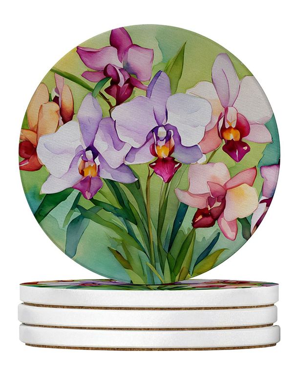 Orchids In Watercolor Large Sandstone Coasters Pack Of 4 Absorbent Round Coasters Decor Gifts For Men Or Women, 4 In, Multicolor_maomaolike.com