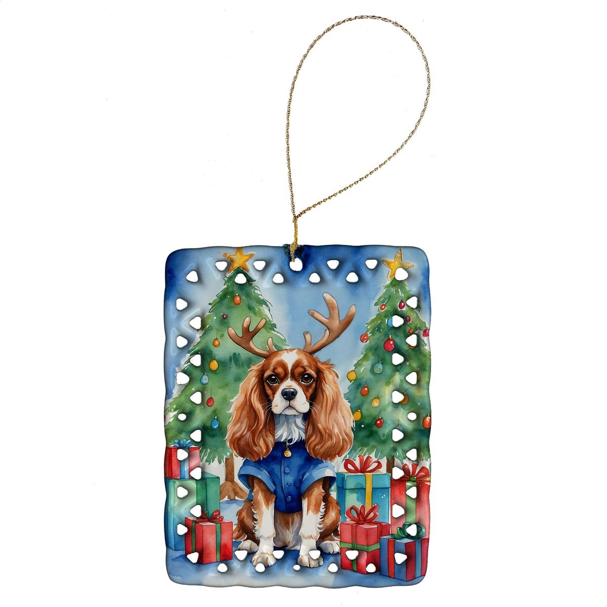 Cavalier Spaniel Christmas Reindeer Porcelain Ornament Christmas Tree Hanging Decorations For Home Christmas Holiday, Rectangle, Gift, Multicolor_maomaolike.com