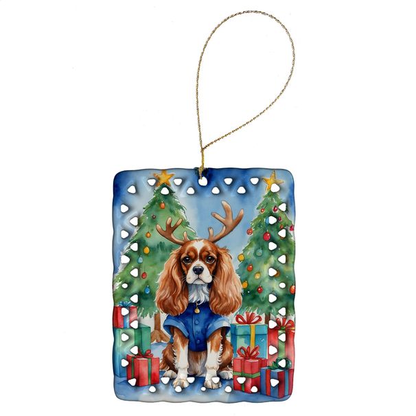 Cavalier Spaniel Christmas Reindeer Porcelain Ornament Christmas Tree Hanging Decorations For Home Christmas Holiday, Rectangle, Gift, Multicolor_maomaolike.com