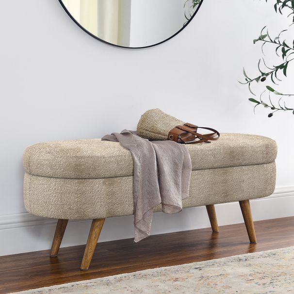 Ottoman Oval Storage Bench,Rubber Wood Legs, Gray (43.5"x16"x16")Brown_maomaolike.com