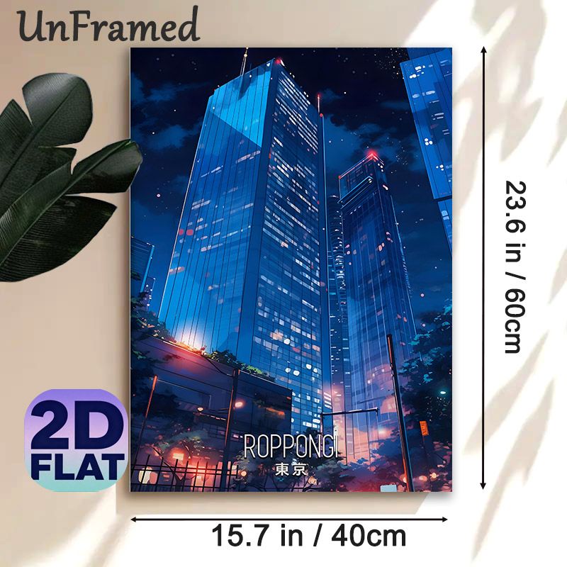 Roppongi Tokyo Night Cityscape Painting Poster, Vibrant Anime-style Glowing Skyscraper Night View Poster, Captivating Urban Night Scenery Ideal For_maomaolike.com