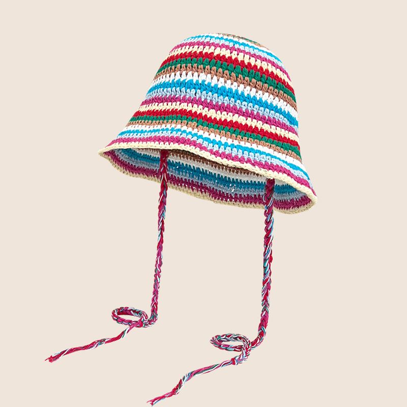 Hot Sale 2024 Women Fashion Crochet Bucket Hat Handmade Knit Cute Striped Beanie Designer_maomaolike.com