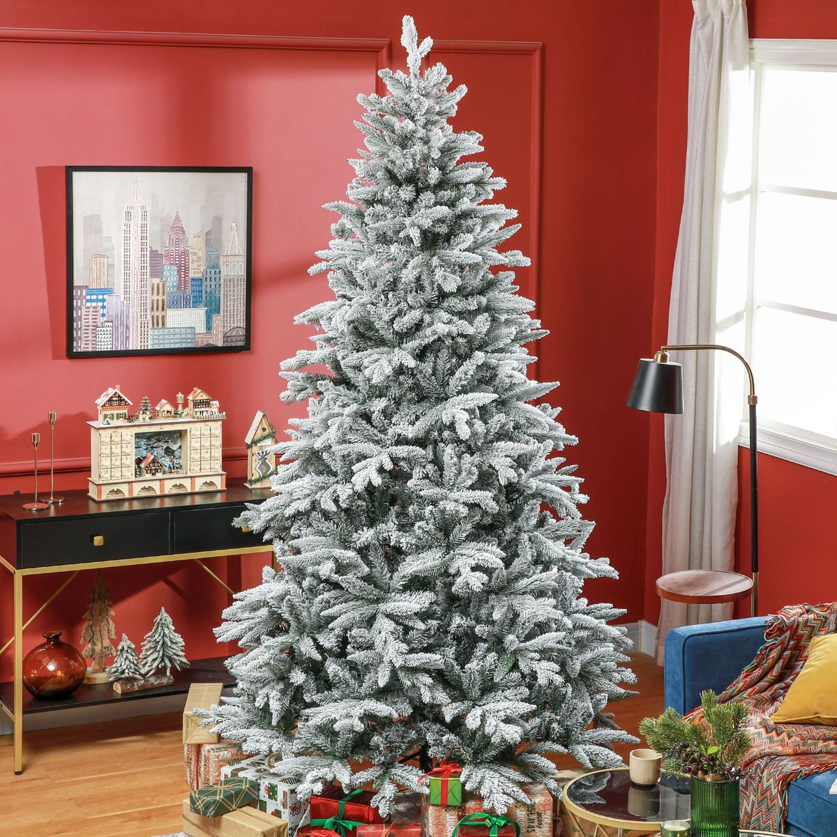 8ft Snow Flocked Artificial Christmas Tree With 2003 Tips, Foldable Metal Stand, Easy Assembly, Hinged Xmas Tree For Home, Office, Holiday, Green_maomaolike.com