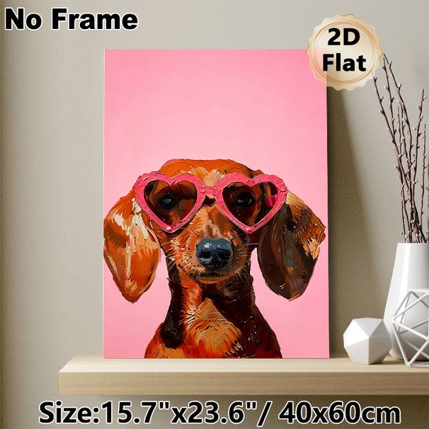 Dachshund Painting Poster, Vibrant Textured Oil Painting Style Poster, Cute Dachshund With Heart-shaped Sunglasses, Playful Decor For Living Room_maomaolike.com