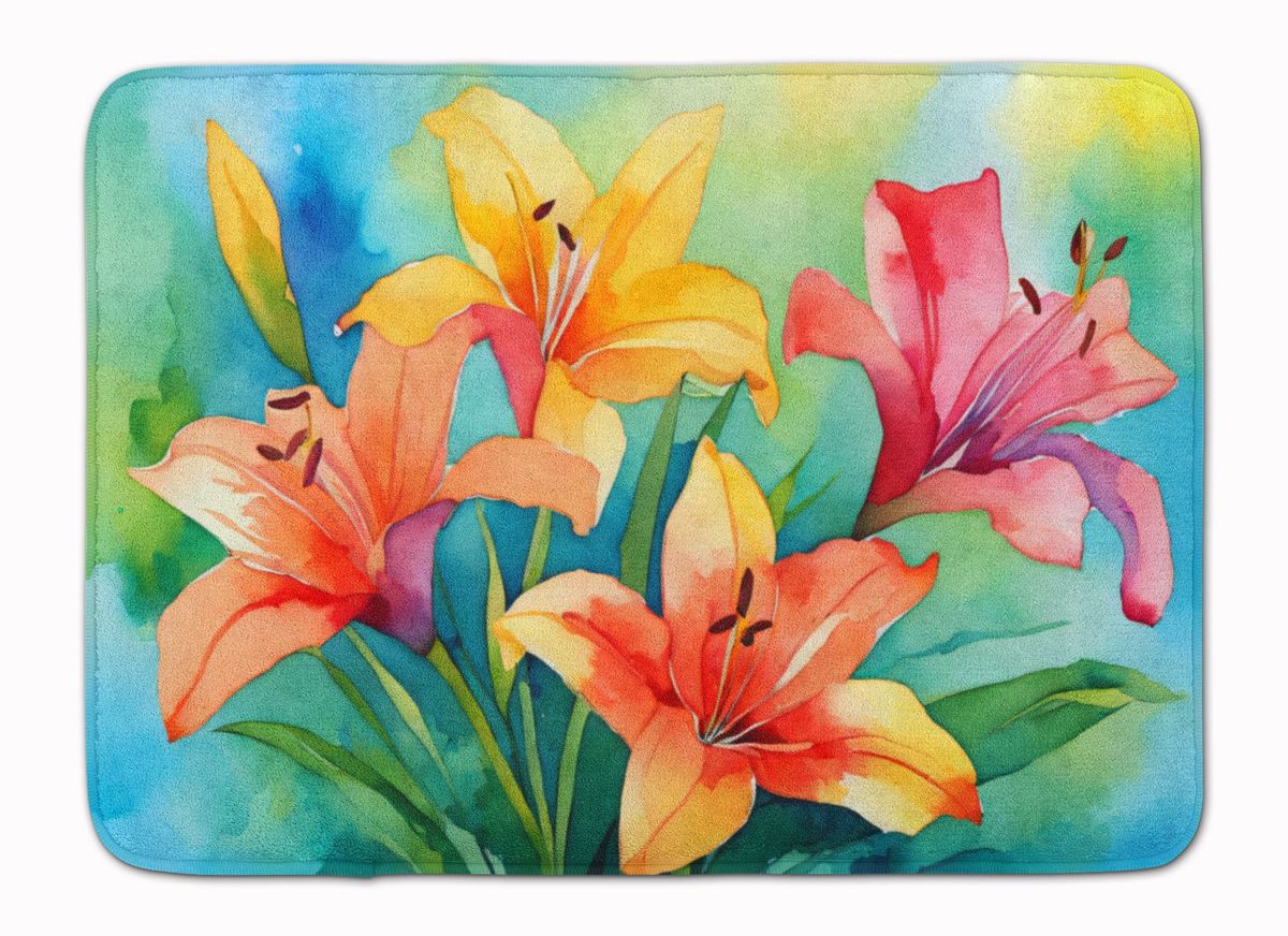 Lilies In Watercolor Memory Foam Kitchen Mat Machine Washable Anti-Fatigue Mat Cushion Comfort Bath Mat Or Kitchen Rug_maomaolike.com