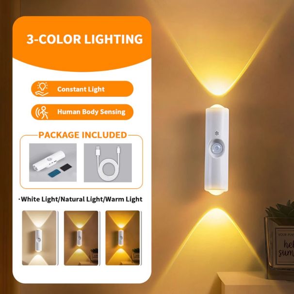 Lampu Dinding LED Sensor Gerak Pintar Magnetik Boleh Caj, 3 Warna RGB Auto Hidup, Lampu Malam Untuk Bilik Tidur, Almari, Tangga & Lorong_maomaolike.com