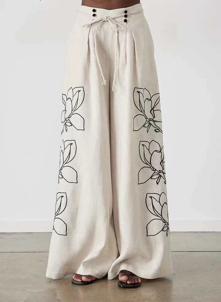 Women's Clothing Fashion Cotton and Linen Printed Wide Leg Pants Set 2024 Spring and Summer New Products_maomaolike.com