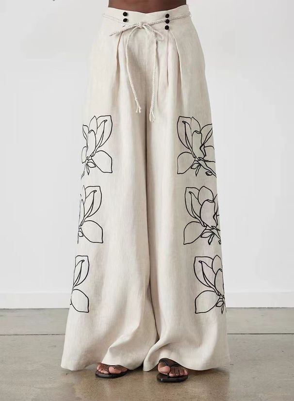Women's Clothing Fashion Cotton and Linen Printed Wide Leg Pants Set 2024 Spring and Summer New Products_maomaolike.com