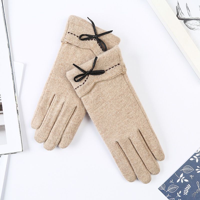 New autumn and winter cashmere gloves women's outdoor cycling bow plus velvet thickened cold-proof touch screen warm gloves women_maomaolike.com