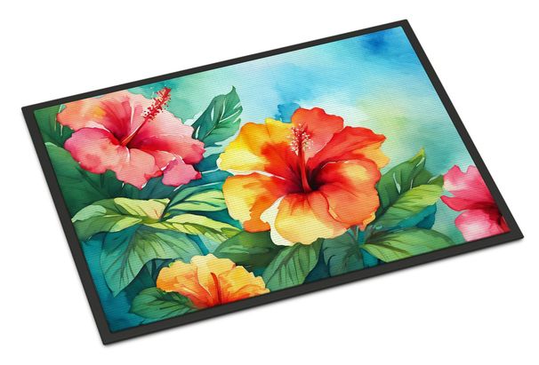Hawaii Hawaiian Hibiscus In Watercolor Doormat Front Door Mat Indoor Outdoor Rugs For Entryway, Non Slip Washable Low Pile, 24H X 36W_maomaolike.com