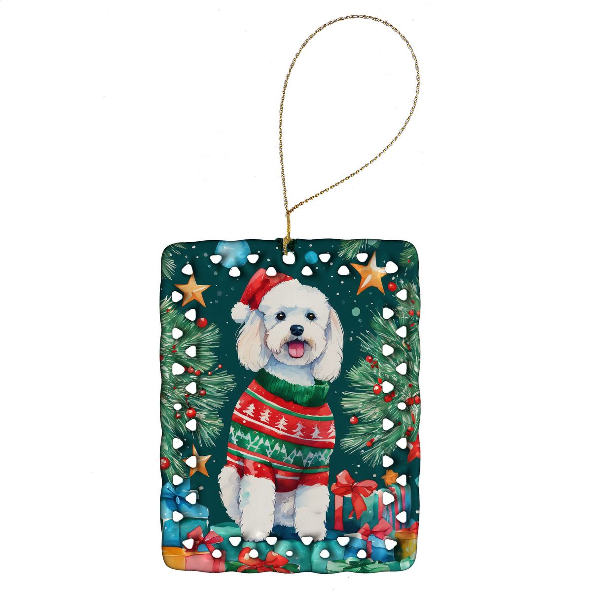 Bichon Frise Christmas Porcelain Ornament Christmas Tree Hanging Decorations For Home Christmas Holiday, Rectangle, Gift, Multicolor_maomaolike.com