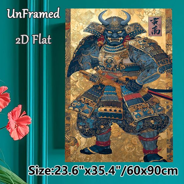 Oni Samurai Painting Poster, Vintage Traditional Japanese Style Poster, Detailed Armored Horned Oni Samurai With Golden Swirling Patterns, Cultural_maomaolike.com