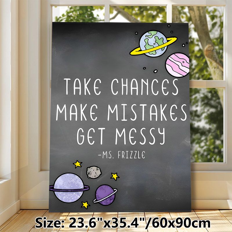 Space Inspirational Quote Painting Poster, Chalkboard-style Cartoon Planets & Typography Poster, Motivational Message To Embrace Risks, Ideal For_maomaolike.com
