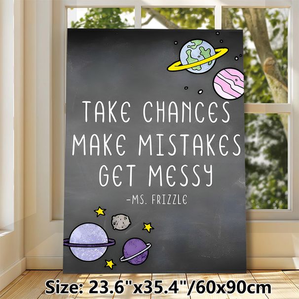 Space Inspirational Quote Painting Poster, Chalkboard-style Cartoon Planets & Typography Poster, Motivational Message To Embrace Risks, Ideal For_maomaolike.com