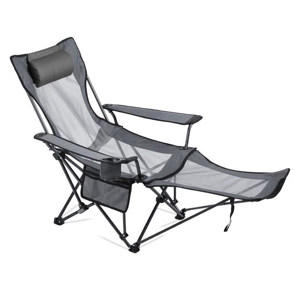 Reclining Camping Chair, 4 Adjustable Positions, Portable Folding Lounger For Adults, Mesh Beach Chair With Headrest & Foot Rest, Supports 220 Lbs, Heavy Duty Camp Chairs For Patio, Gray_maomaolike.com