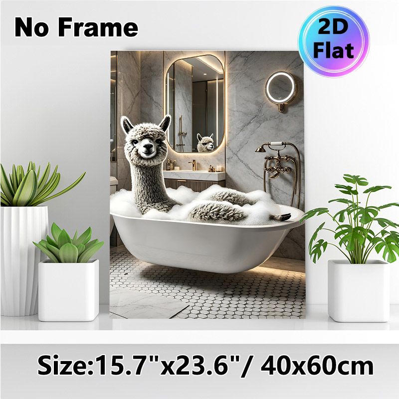 Alpaca Bathtub Themed Painting Poster, Whimsical Realistic Alpaca In Foamy Tub Poster, Adds Playful Lighthearted Charm, Ideal For Bathroom Wall Decor_maomaolike.com