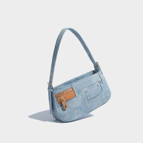 New Simple And Trendy Single-shoulder Underarm Bag, Vintage Patchwork Denim Baguette Bag Women, Versatile Crossbody Handbag For Co_maomaolike.com