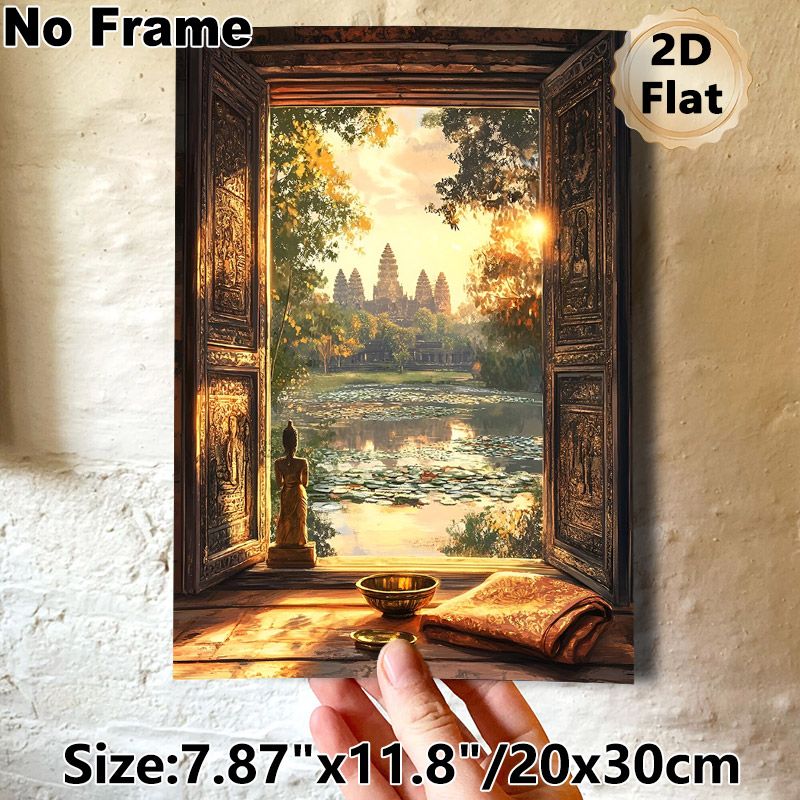 Zen Temple Waterscape Painting Poster, Warm-toned Tranquil Sunset View Poster, Serene Immersive Design Ideal For Living Room, Meditation Space_maomaolike.com
