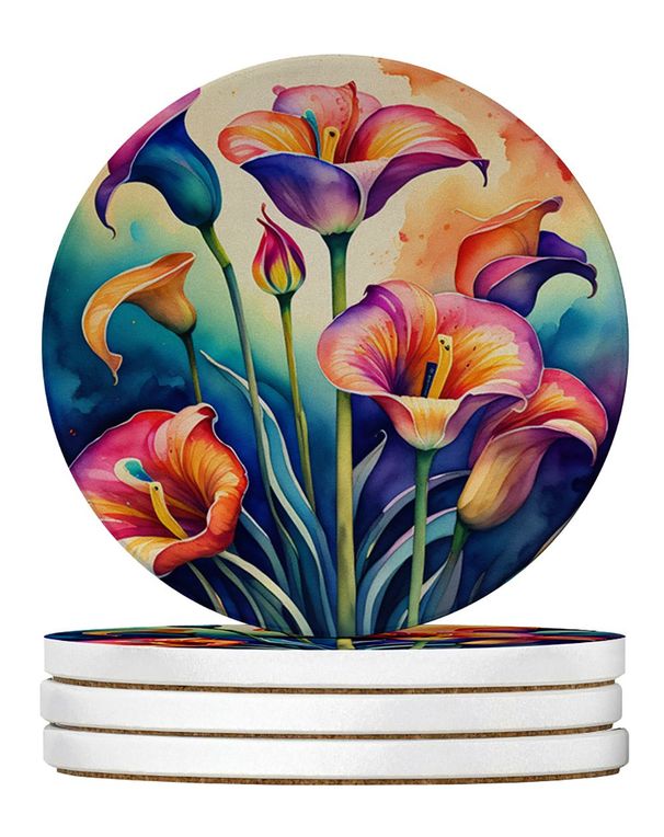 Colorful Calla Lilies Large Sandstone Coasters Pack Of 4 Absorbent Round Coasters Decor Gifts For Men Or Women, 4 In, Multicolor_maomaolike.com