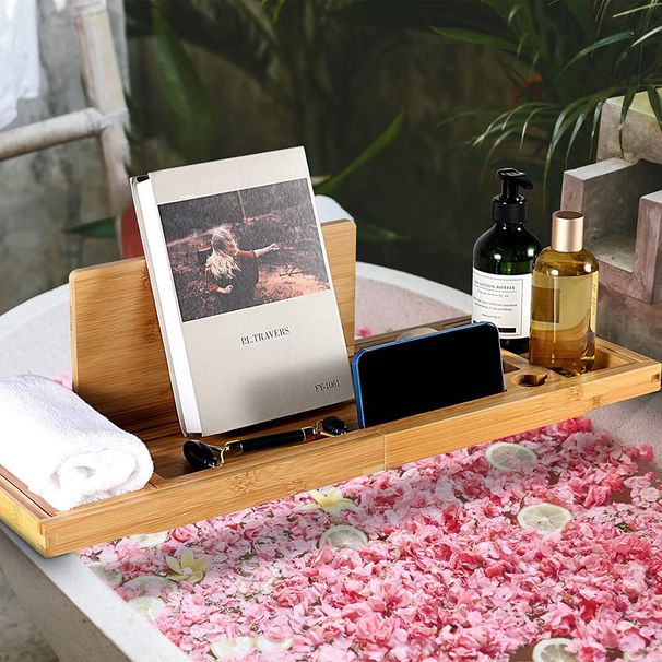 Bathtub Shelf, Extendable And Adjustable, Bath Foam Storage Tray, Tablet, Book, And Phone Holder, Made Of Bamboo_maomaolike.com