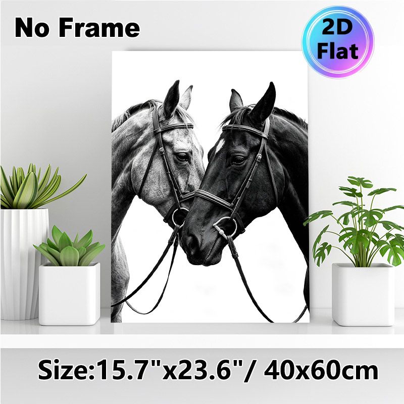 Two Horses Painting Poster, Monochrome Realistic Close-up Affectionate Horses Poster, Elegant Minimalist Decor Ideal For Living Room, Bedroom_maomaolike.com
