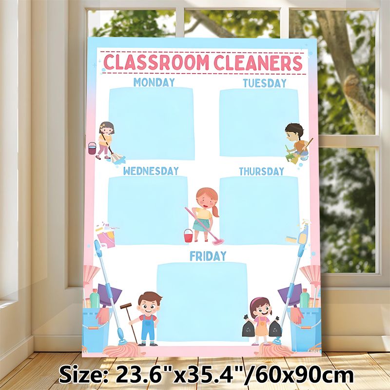 Classroom Cleaners Schedule Painting Poster, Cute Cartoon Style Poster, Weekly Cleaning Duty Chart To Organize Classroom Cleaning Tasks, Ideal For_maomaolike.com