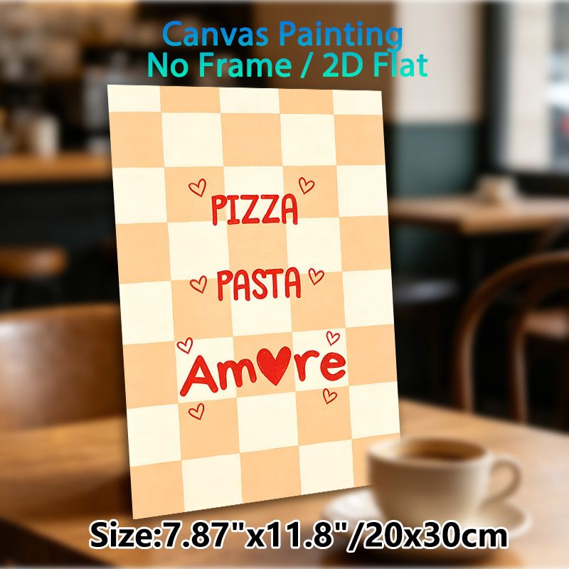 Pizza Pasta Amore Themed Painting Poster, Warm Checkered Print With Playful Handwritten Text And Heart Accents Poster, Brings Cozy Vibe, Suitable For_maomaolike.com