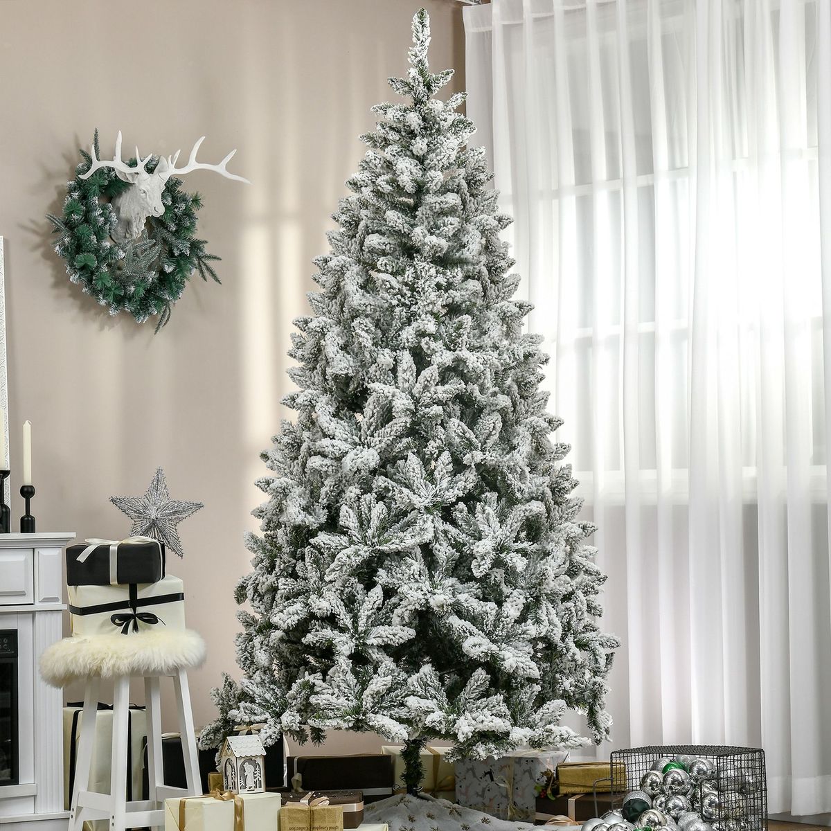 7.5 Ft Tall Unlit Snow Flocked Pine Artificial Christmas Tree With Realistic Branches, Green_maomaolike.com