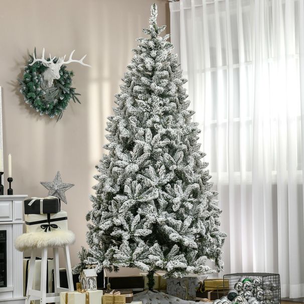 7.5 Ft Tall Unlit Snow Flocked Pine Artificial Christmas Tree With Realistic Branches, Green_maomaolike.com