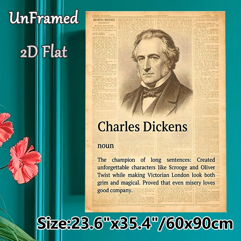 Charles Dickens Themed Painting Poster, Vintage Newspaper-style Monochrome Poster, Highlights Iconic Literary Characters & Victorian London Vibe_maomaolike.com