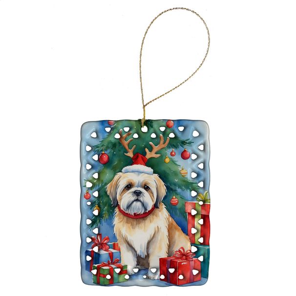 Lhasa Apso Christmas Reindeer Porcelain Ornament Christmas Tree Hanging Decorations For Home Christmas Holiday, Rectangle, Gift, Multicolor_maomaolike.com