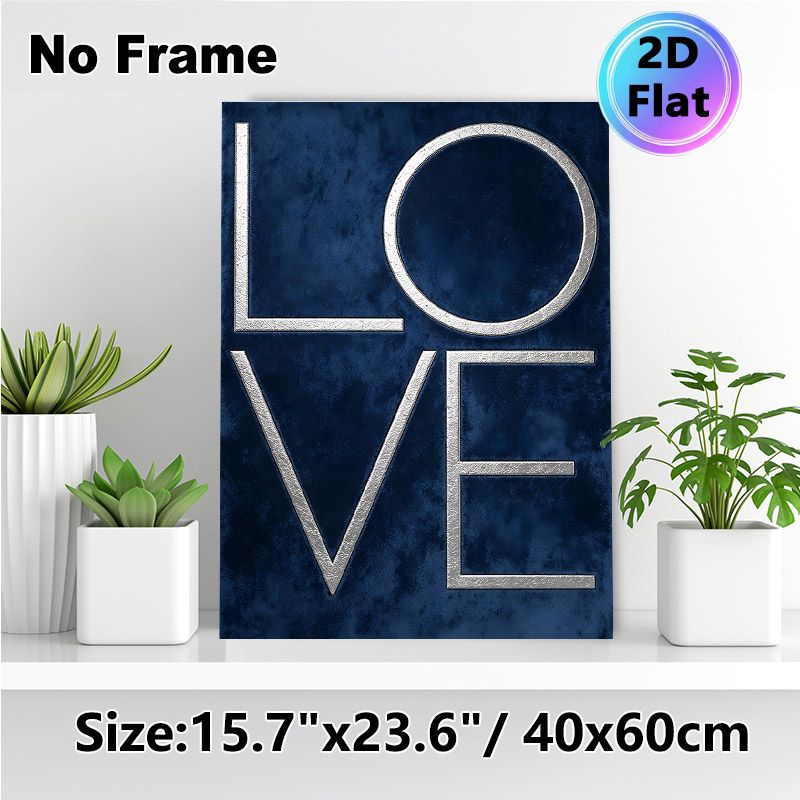 Love Themed Painting Poster, Dark Blue Textured With Crackled Metallic Silver Typography Poster, Sleek Minimalist Design, Ideal For Bedroom, Living_maomaolike.com
