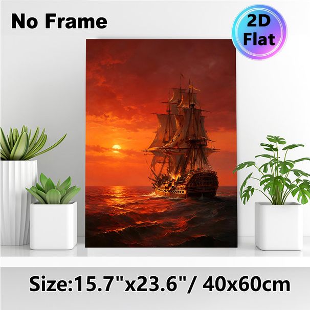 Burning Sailing Ship At Sunset Painting Poster, Dramatic Nautical Art Poster, Captivating Fiery Red Sky & Damaged Burning Ship On Wavy Sea, Suitable_maomaolike.com
