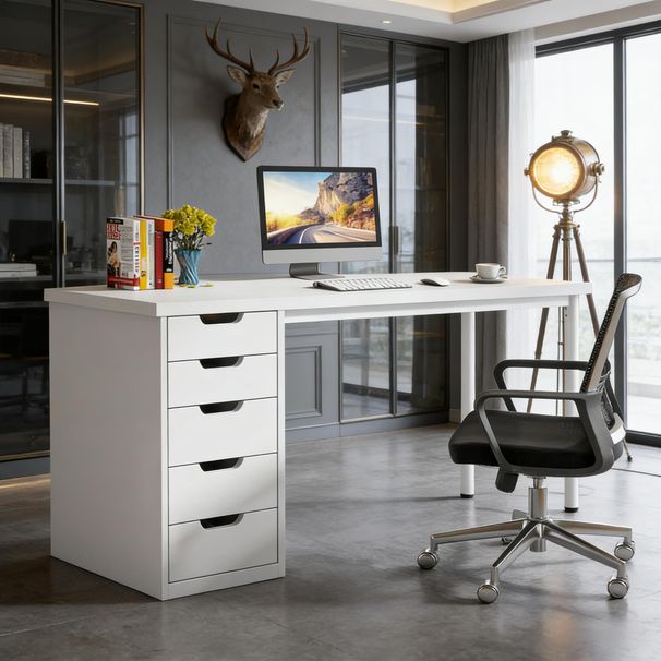 Computer Desk With 5 Drawers, Modern Study Table Writing DesW_maomaolike.com